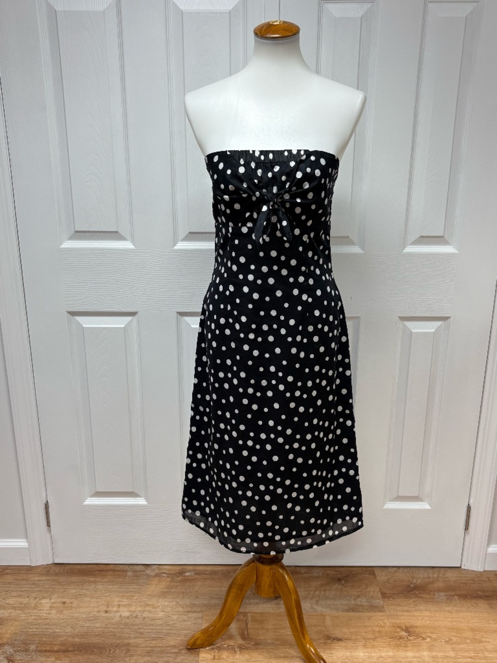 Jill Michelle Black Ad White Polka Dot Strapless Midi Dress - Size 8.